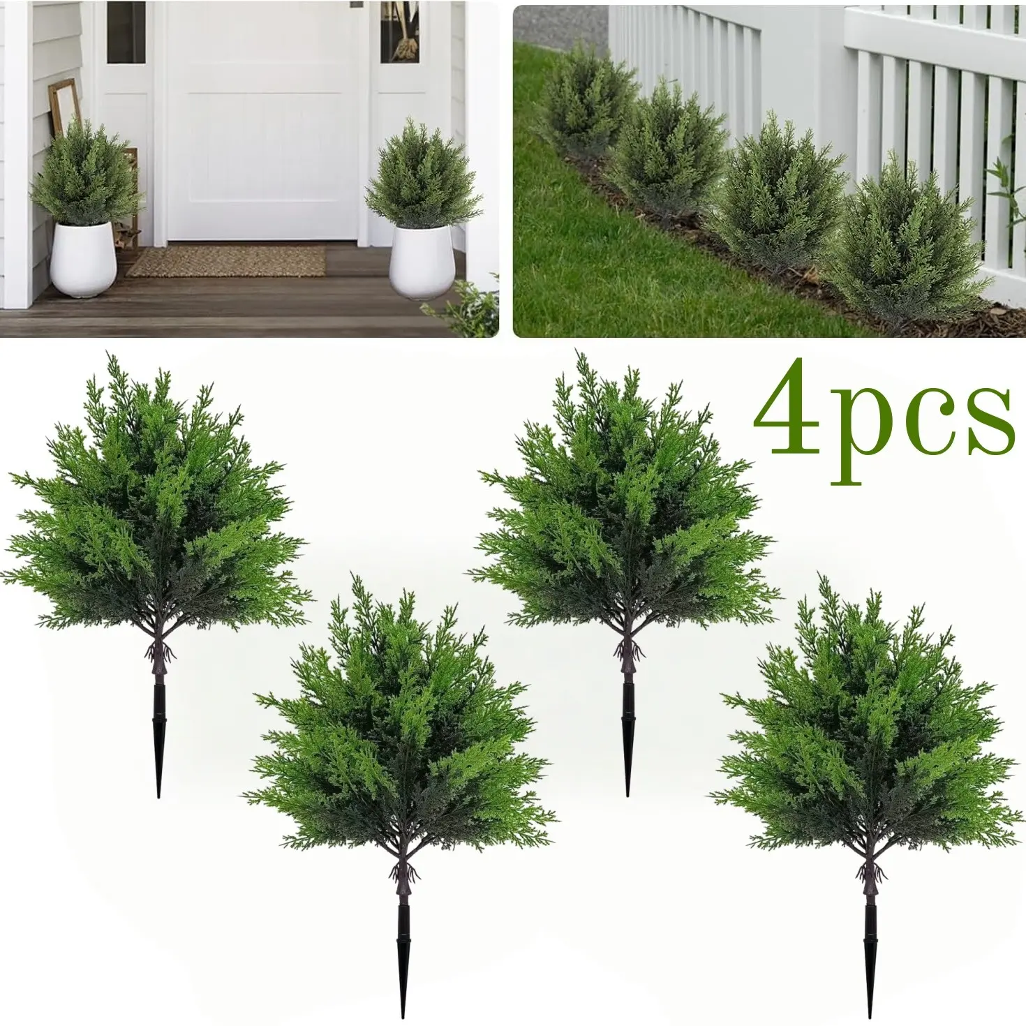 4/8pcs Artificial Cedar Tress ,Faux Outdoor Plants with Ground Spike,Fake Evergreen Cypress Bushes Shrubs for Outside Planters Porch Front Door Patio Decor