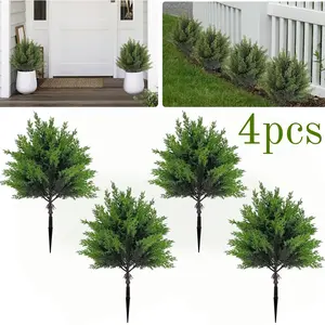 4/8pcs Artificial Cedar Tress ,Faux Outdoor Plants with Ground Spike,Fake Evergreen Cypress Bushes Shrubs for Outside Planters Porch Front Door Patio Decor