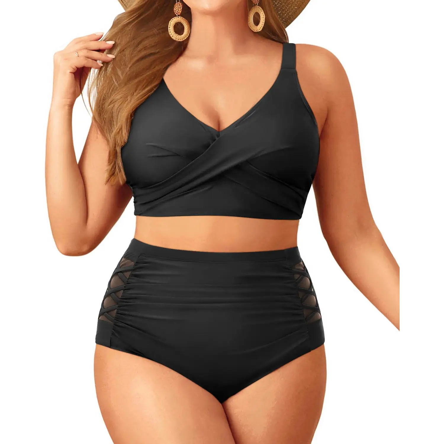 Tempt Me Women's Plus Size Available Two-Piece Bikini Set - High-Waisted, Tummy Control Swimsuit for Sports & Outdoor Use, Two-Piece Bikini
