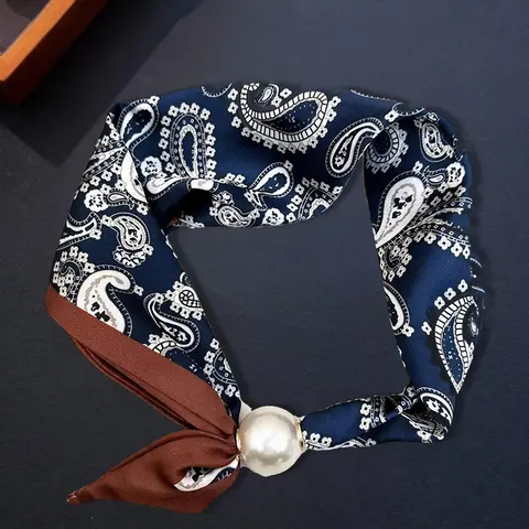 Faux Pearl Magnetic Clasp Necklace Scarf, Navy Letter Pattern Neck Wrap, Elegant Soft Fashion Accessory for Holiday Neckscarf