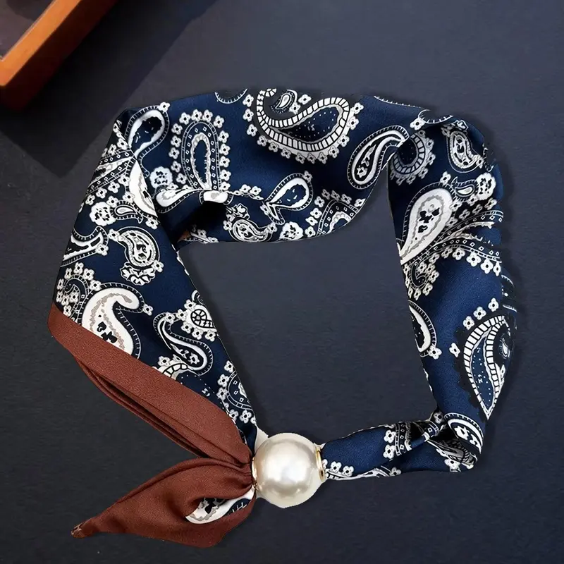 Faux Pearl Magnetic Clasp Necklace Scarf, Navy Letter Pattern Neck Wrap, Elegant Soft Fashion Accessory for Holiday Neckscarf