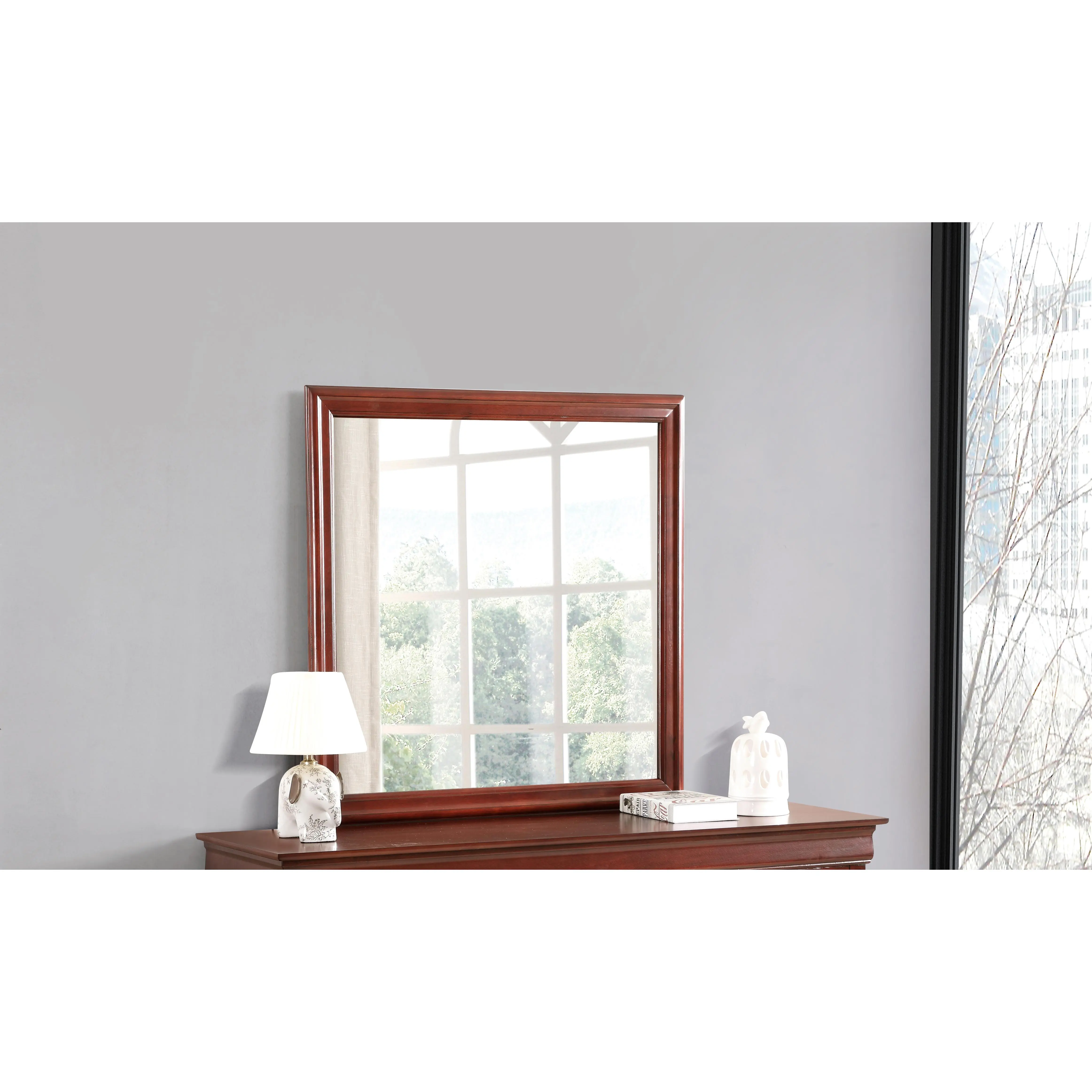 Nokaa Louis Phillipe Wall Mirror Cabinet 38x38 inch Cherry Finish Wooden Medicine Cabinet with Beveled Glass, Single Door Storage Organizer for Bathroom Vanity, Home Decor Furniture