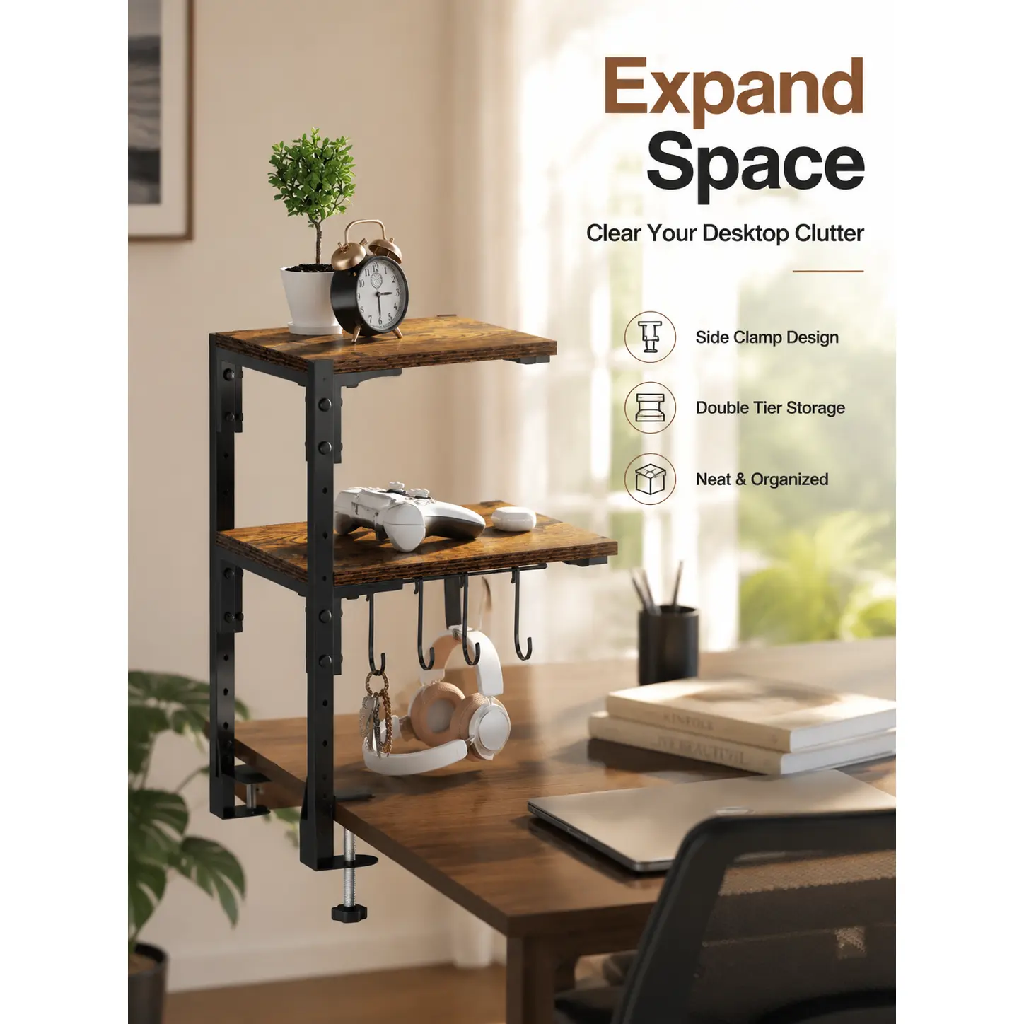 Clip-on desktop storage rack, 13-inch double-layer storage rack that can be installed above or below the desktop.Adjustable metal storage tray, suitable for items such as gaming equipment and desktop office accessories.Brown. bathroom shelf pink utility 3