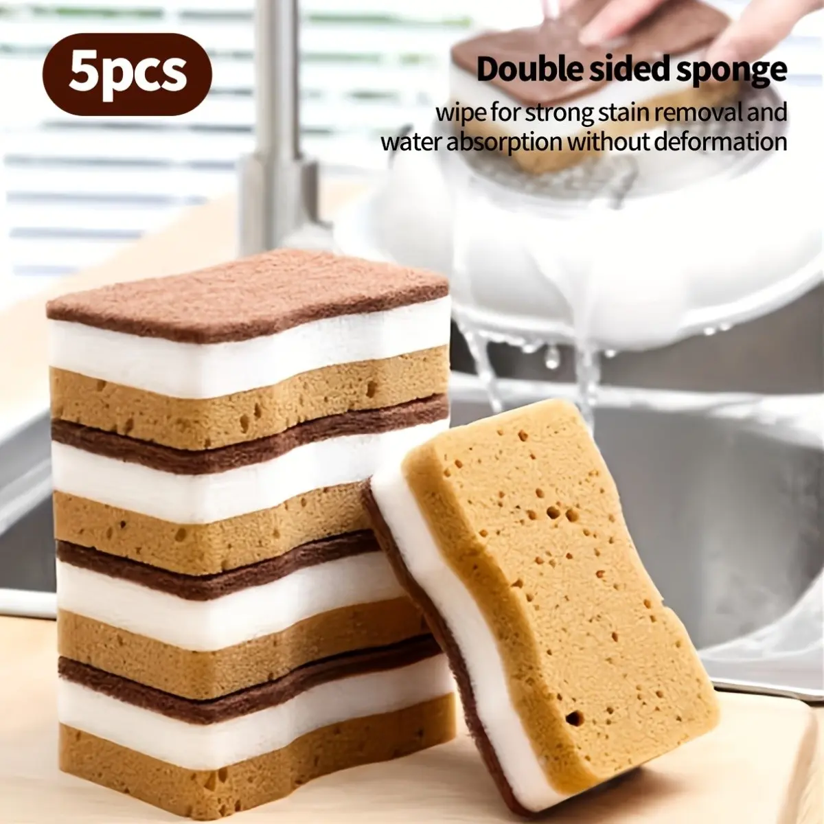 5PCS Three-Layer Seaweed Cleaning Sponges, Dishwashing Sponges, High-Quality Kitchen Sponges, Durable Scratch-Free Scrubbing Sponges, Super Absorbent, Cleaning Supplies, Cleaning Tools, Cleaning Cloths, Kitchen Cleaning Brush
