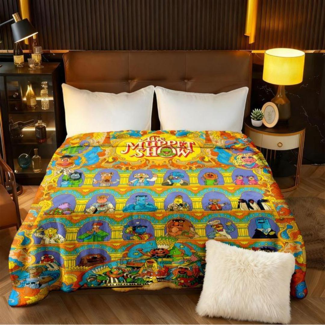The Muppet Show Flannel Blanket, Colorful Theatre Collage Design with Classic Characters, Soft Cozy Throw Blanket for Bed Sofa Couch Nap Office Travel Camping, Bright Decorative Nostalgic Cartoon Blanket Bedding for Kids & Fans Gift Cartoon Blanket Hallow
