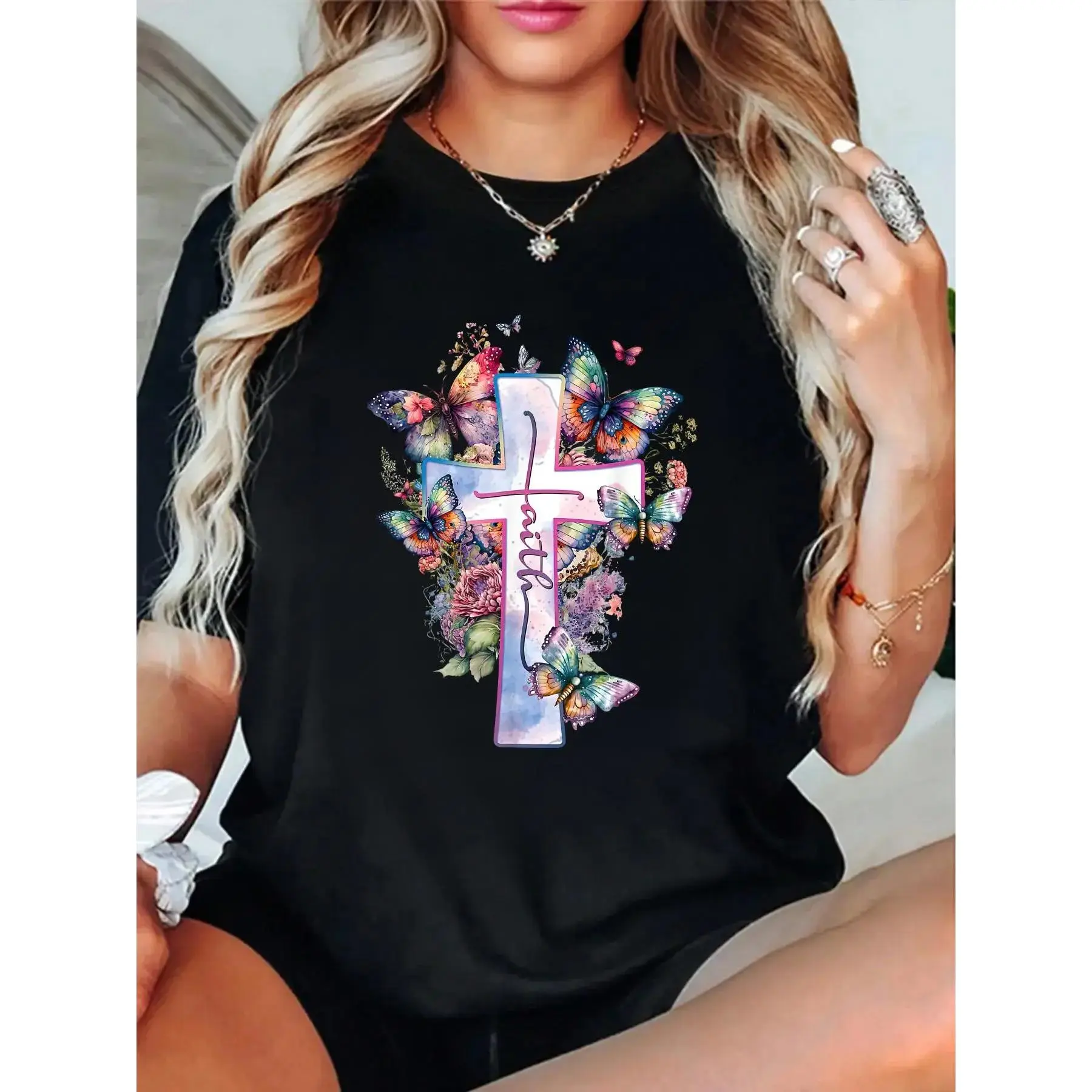 [ 100% Cotton]Faith-Cross Floral Butterflies Christ Flowers Religious T-Shirt women's graphic tees fall shirts Casual All-Season Sportswear,Round Neck, Short Sleeve, Machine Washable