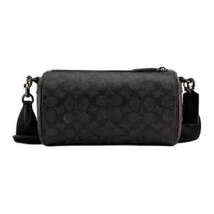 COACH Barrel 22 Monogram Crossbody Bag for Men – Adjustable Detachable Strap, Faux Leather, Small Size, Charcoal Gray