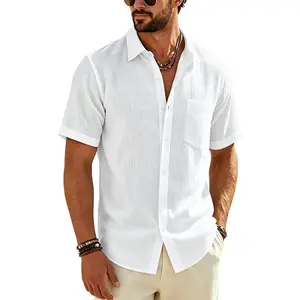 Linen Shirts for Men Short Sleeve Button Down Casual Shirt Cotton Beach Summer Collared Top with Pocket