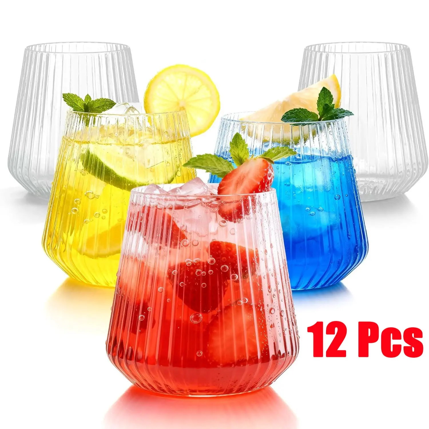 12 Pcs Mini Ribbed Wine Glasses, Reusable Stemless Glasses for Cocktails, Wine, Champagne, Sparkling Water, and Juice. Suitable for Weddings, Graduations, and Birthday Parties.