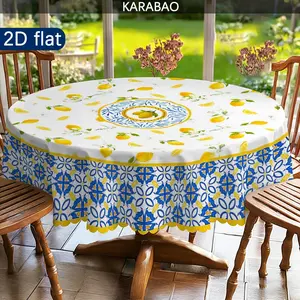 1pc Mediterranean Style Lemon Pattern Round Tablecloth, Home Decor, Outdoor Tablecloth, Picnic Accessory, Indoor and Outdoor Use