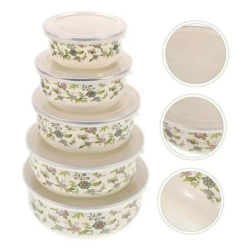 5-Pack Vintage Colorful Bowls Set - BPA-Free Food-Grade Enamel Tableware with Lids, Airtight Seal, Anti-Spill Carry, Dishwasher-Safe, Nesting Salad Bowls, Animal & Plant Designs, Travel-Friendly