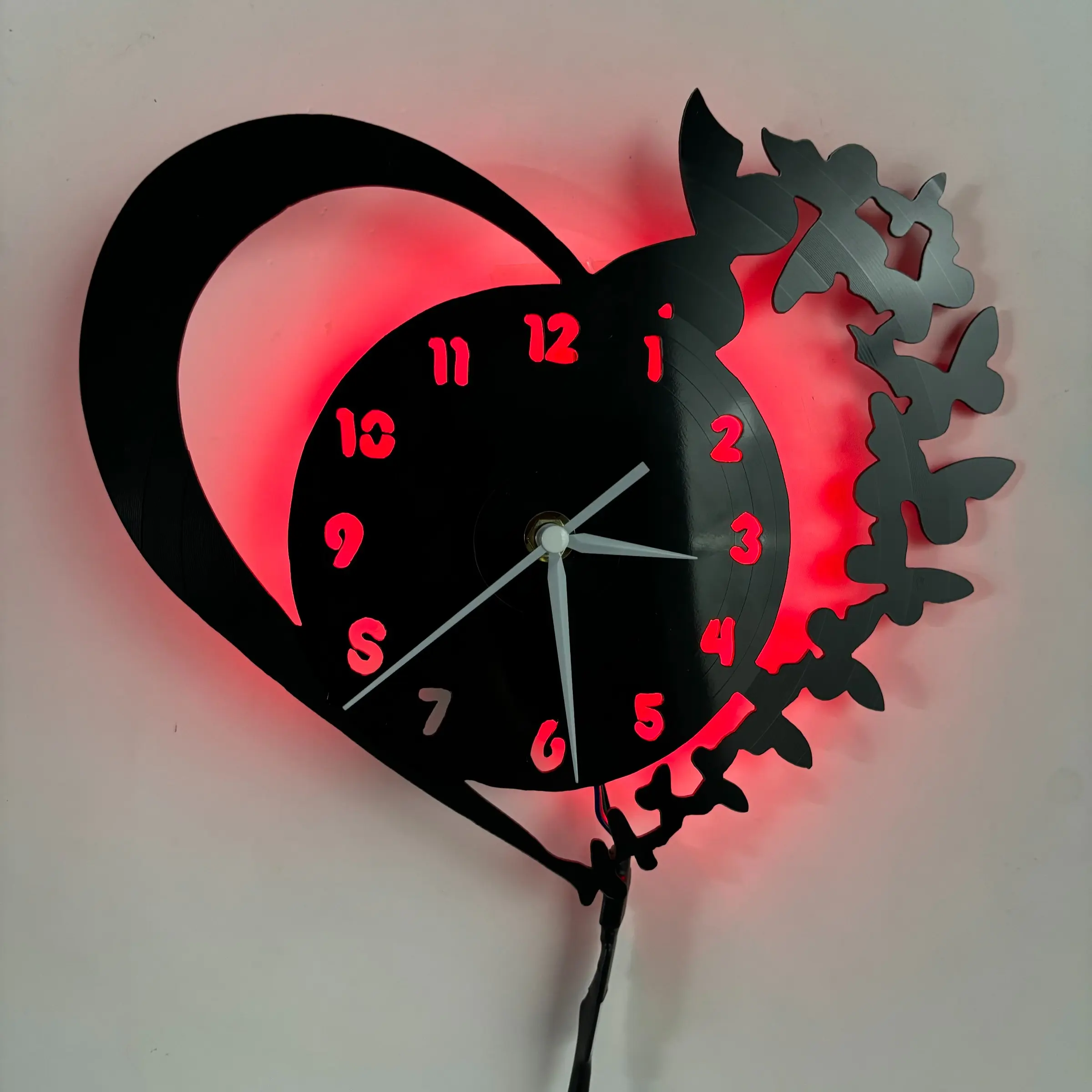 Heart and Butterfly Vinyl Wall Clock, Seven-Color LED Backlighting, Creative Home Decoration, Perfect Gift for Holidays and Birthdays