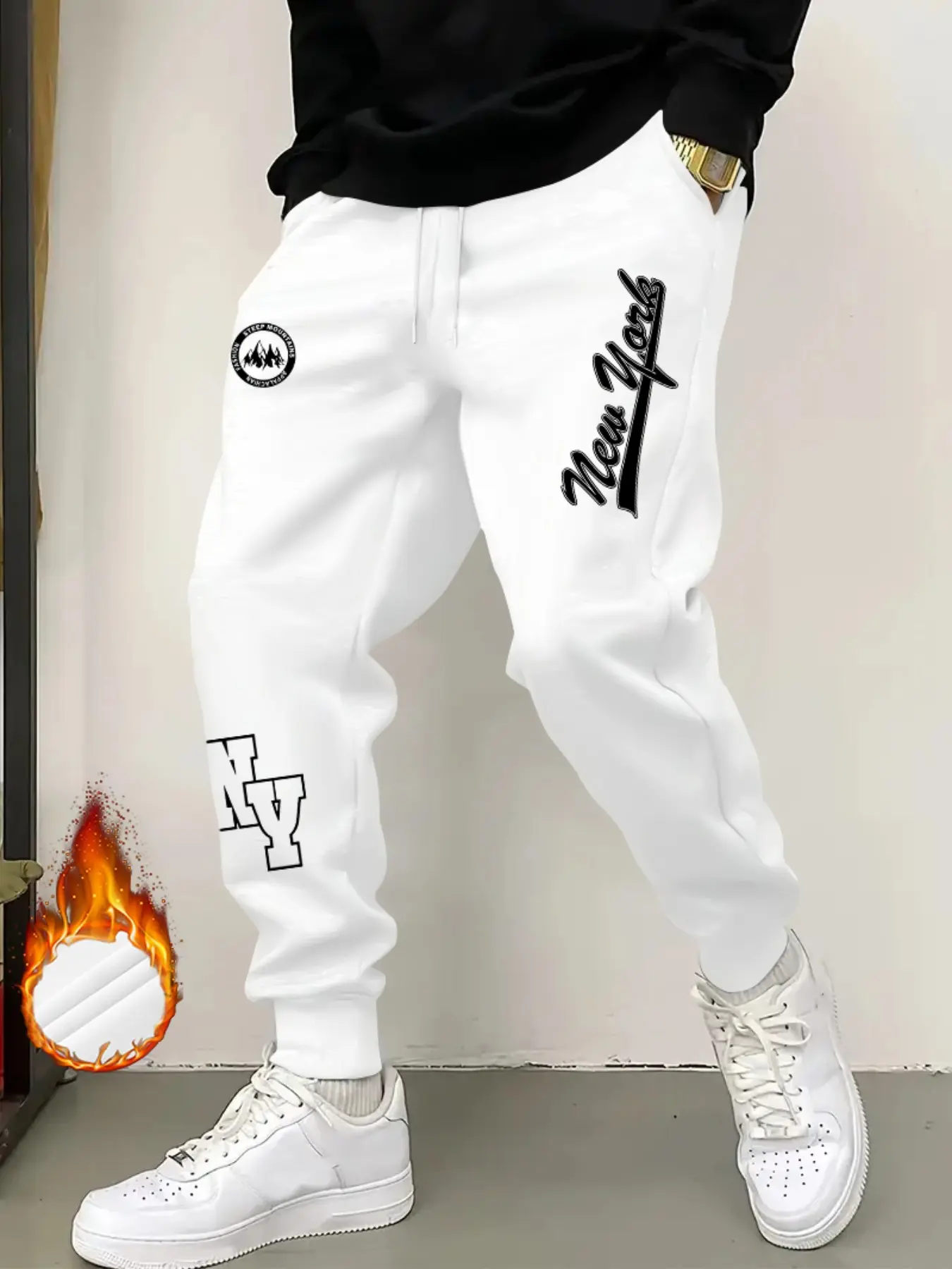Men's Waist Drawstring Sports Pants, New York Theme Print, Comfortable Slim Fit, Versatile Athletic Wear for Fall & Winter