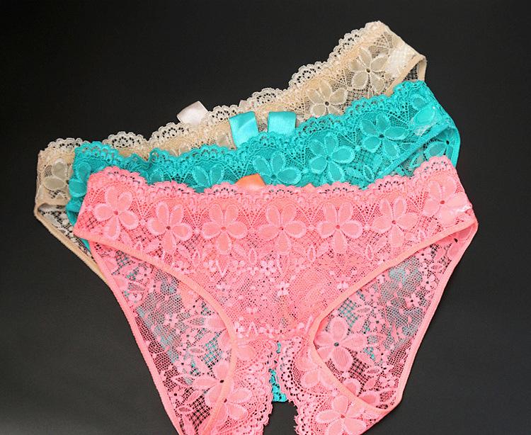 Women's Open Crotch Panties Low Waist Sexy Lace Transparent No-Remove Plus Size Briefs