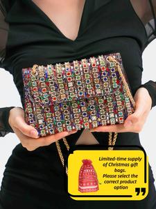 women's colorblock rhinestone decorated crossbody bag, fashionable chain flap shoulder bag for daily commute, casual trendy versatile high-quality daily commuting bag