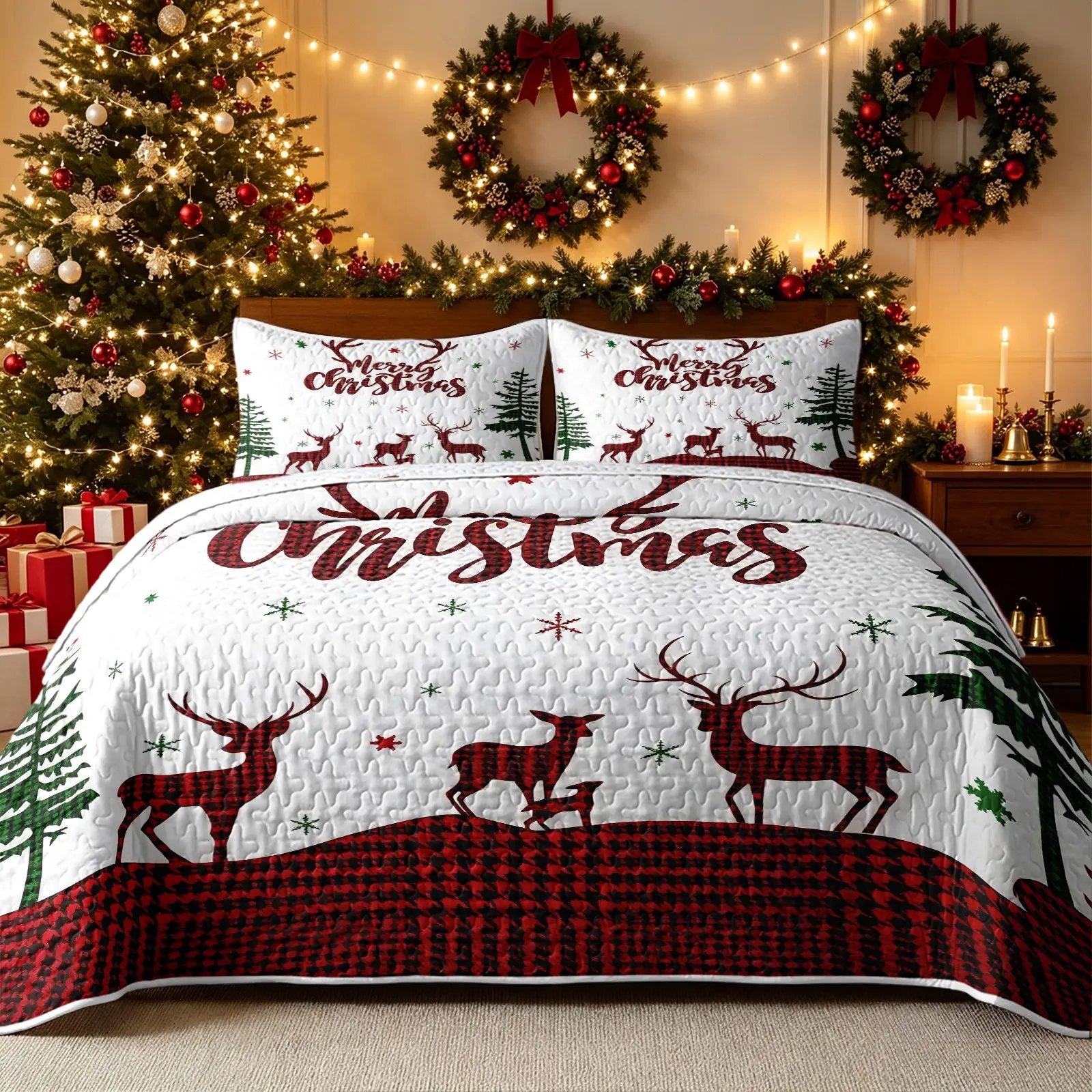3Pcs Red Plaid Reindeer Christmas Tree Quilt Set, Printed Bedding Set Includes 1 Quilt and 2 Pillowcases Buffalo Plaid Snowflake Print Rustic Christmas Style Reversible Lightweight Bedding No Inner Filling All Season Bedroom Holiday Decor Christmas Gift
