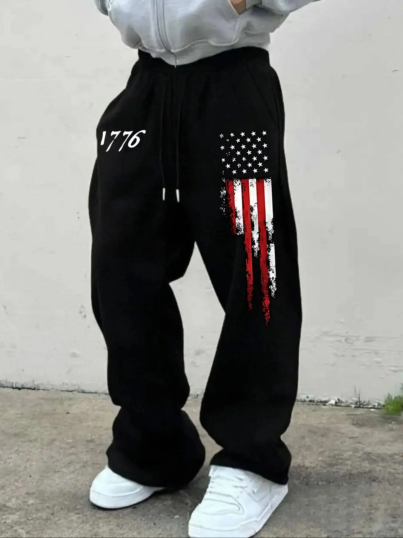American Vintage 1776 Flag Print Sweatpants, Streetwear Loose-Fit Straight Leg Sports Pants, Y2K Hip-Hop Casual Long Pants