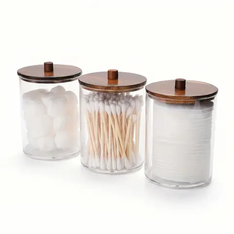 3 pcs Cotton Swab Holders, 10oz Bathroom Storage Box, Organizer Transparent Plastic Jar with Wooden Lid, Ideal for Cotton Balls, Swabs, Floss, Bathroom Gadget
