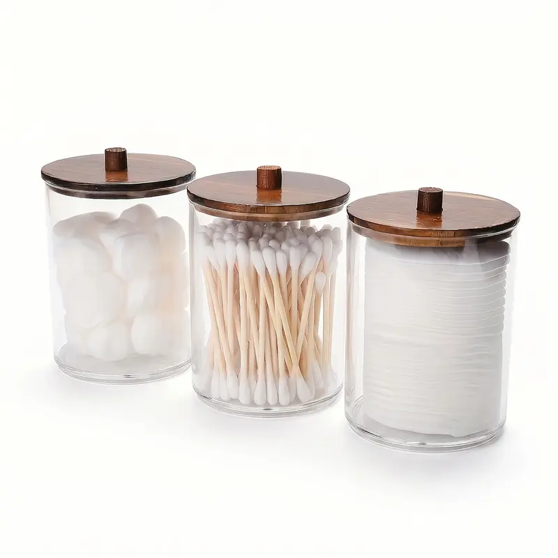 3 pcs Cotton Swab Holders, 10oz Bathroom Storage Box, Organizer Transparent Plastic Jar with Wooden Lid, Ideal for Cotton Balls, Swabs, Floss, Bathroom Gadget