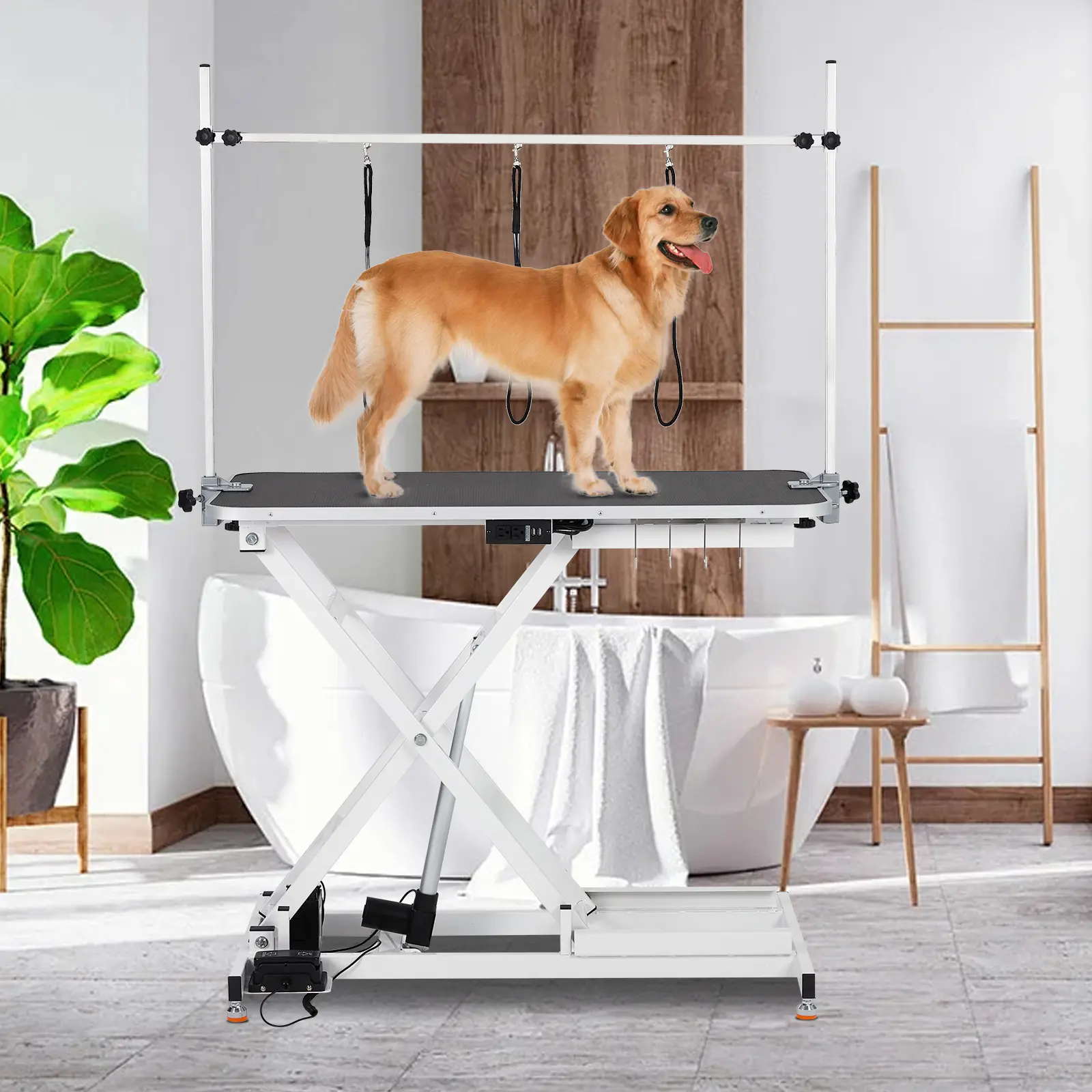 47" Electric Pet Grooming Table – Heavy Duty Height Adjustable Lift with Arm, Hooks & Leash, Professional Grooming Station for Cats & Dogs, White