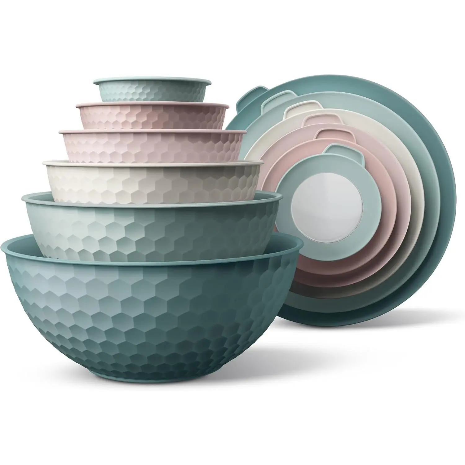 Mixing Bowls with Lids - 12 Piece Plastic Nesting Bowls Set includes 6 Prep Bowls and 6 Lids, Microwave Safe Mixing Bowl Set, Teal Embossed