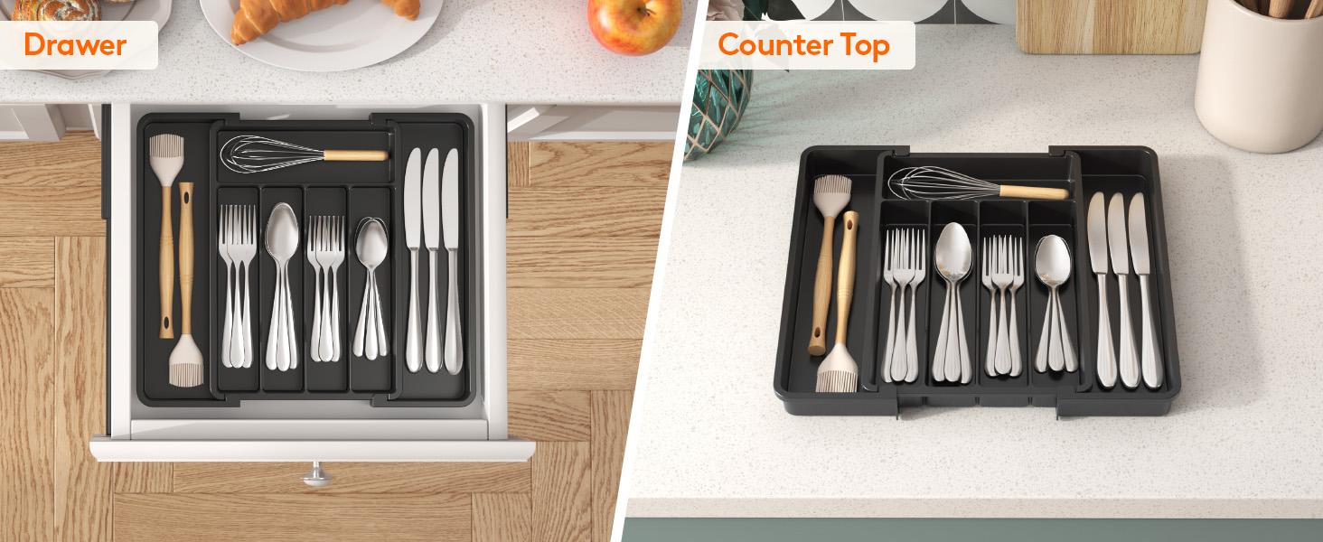 Silverware Drawer Organizer, Expandable Utensil Tray for Kitchen, BPA Free Flatware and Cutlery Holder, Adjustable Plastic Storage for Spoons Forks Knives, 8.5-14 x 12", Black