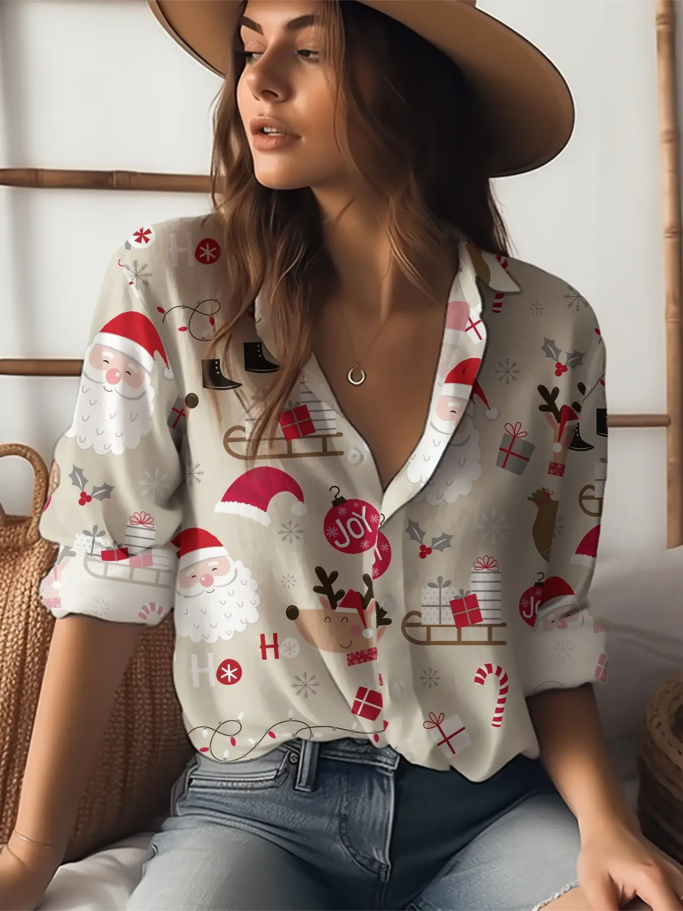 New Women's Light Christmas Theme Full Print Blouse, Cartoon Santa Deer Gift Snowflake Collar Loose Long Sleeve Shirt