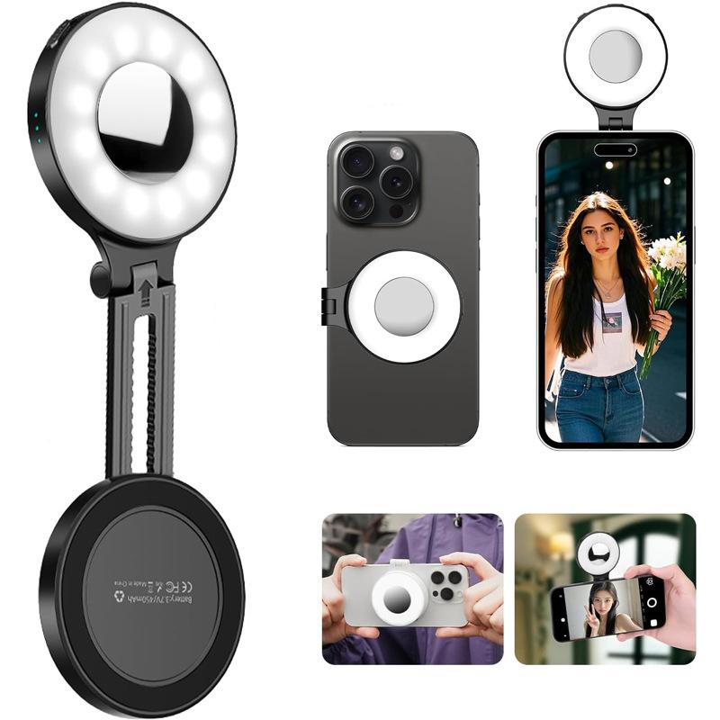 Magnetic Selfie Fill Light Compatible with Magsafe iPhone and Android, Mirror Ring Beauty Light Cri97 Color Quality, 360° Foldable LED for Selfies Photography Video Calls Tiktok Zoom, Portable Selfie Light, Led Selfie Accessories