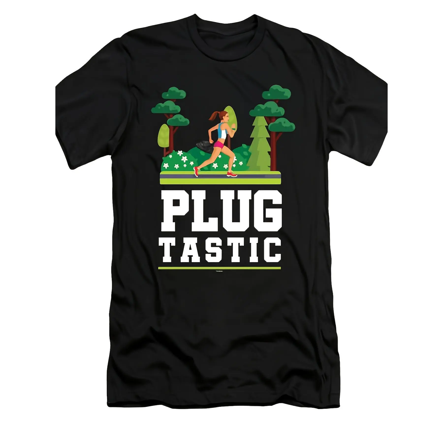 Men's Running-Themed T-Shirt with Plug Tastic Running Woman Graphic - Casual Round Neck Tee Suitable for Runners, Fitness Enthusiasts, Outdoor Activities & Gifts, Machine Washable Athletic Apparel for Year-Round Wear