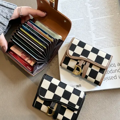 Women's Checkerboard Credit Card Holder, D-Ring Card Case, Daily Commute Short Wallet, Portable Multi-Card Slot Organizer, Card Carrying Holder