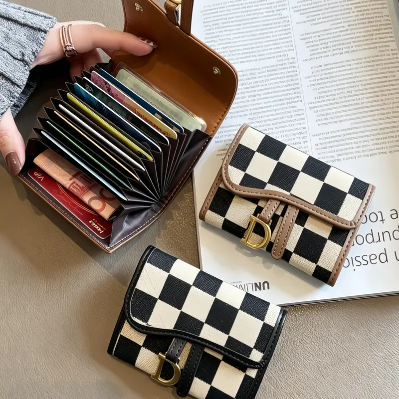 Women's Checkerboard Credit Card Holder, D-Ring Card Case, Daily Commute Short Wallet, Portable Multi-Card Slot Organizer, Card Carrying Holder
