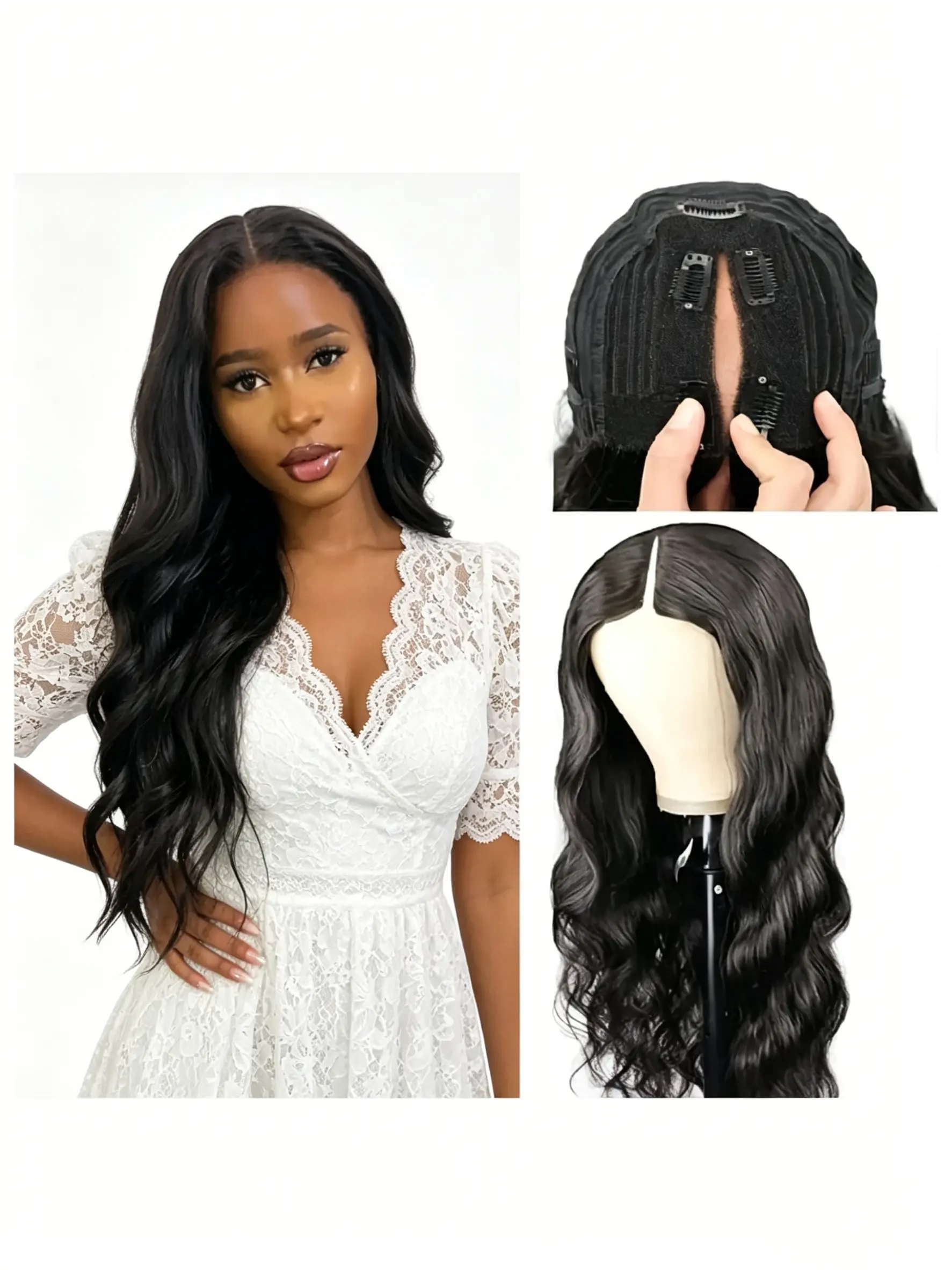Glueless V Part Body Wave Brazilian Virgin Human Hair Wig, 180% Density Pre Plucked Natural Color Hair Wig, Odor-Free Easy Wear Hairpiece For Ladies Daily Styling, Human Wigs
