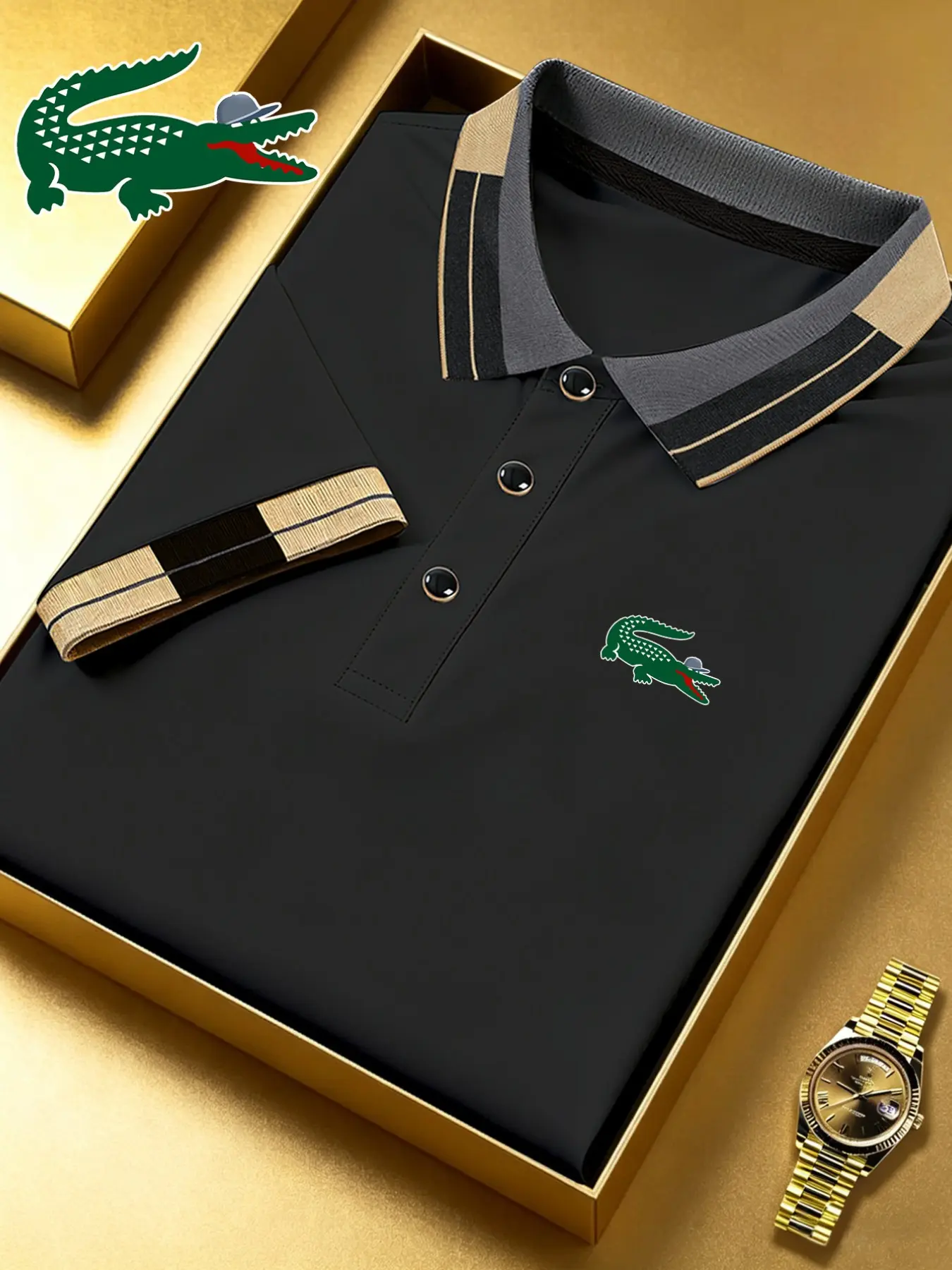 Men's Crocodile Print Polo Shirt, Fitted Casual Style, Breathable and Comfortable, All-Season Wear, High-Quality Durable Polo Top