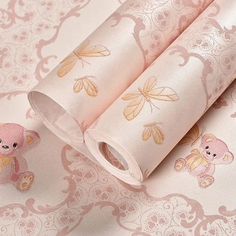 A roll of 3D self-adhesive cartoon bear wallpaper, European-style pastoral cozy pink and cute blue, perfect for warm bedrooms, living rooms, TV feature walls and Interior Walls; easy to peel and stick for home decoration.