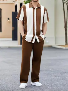 Men's Two-Piece Set, Vertical Striped Short Sleeve Long Pants, Loose Fit, Breathable Fabric, Ideal for Daily Commute, Summer Leisure