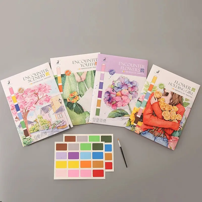Creative Watercolor Coloring Book, 4 Options Available, Each Pack includes 4 Coloring Sheets, 1 Brush, Paints, Reference Page