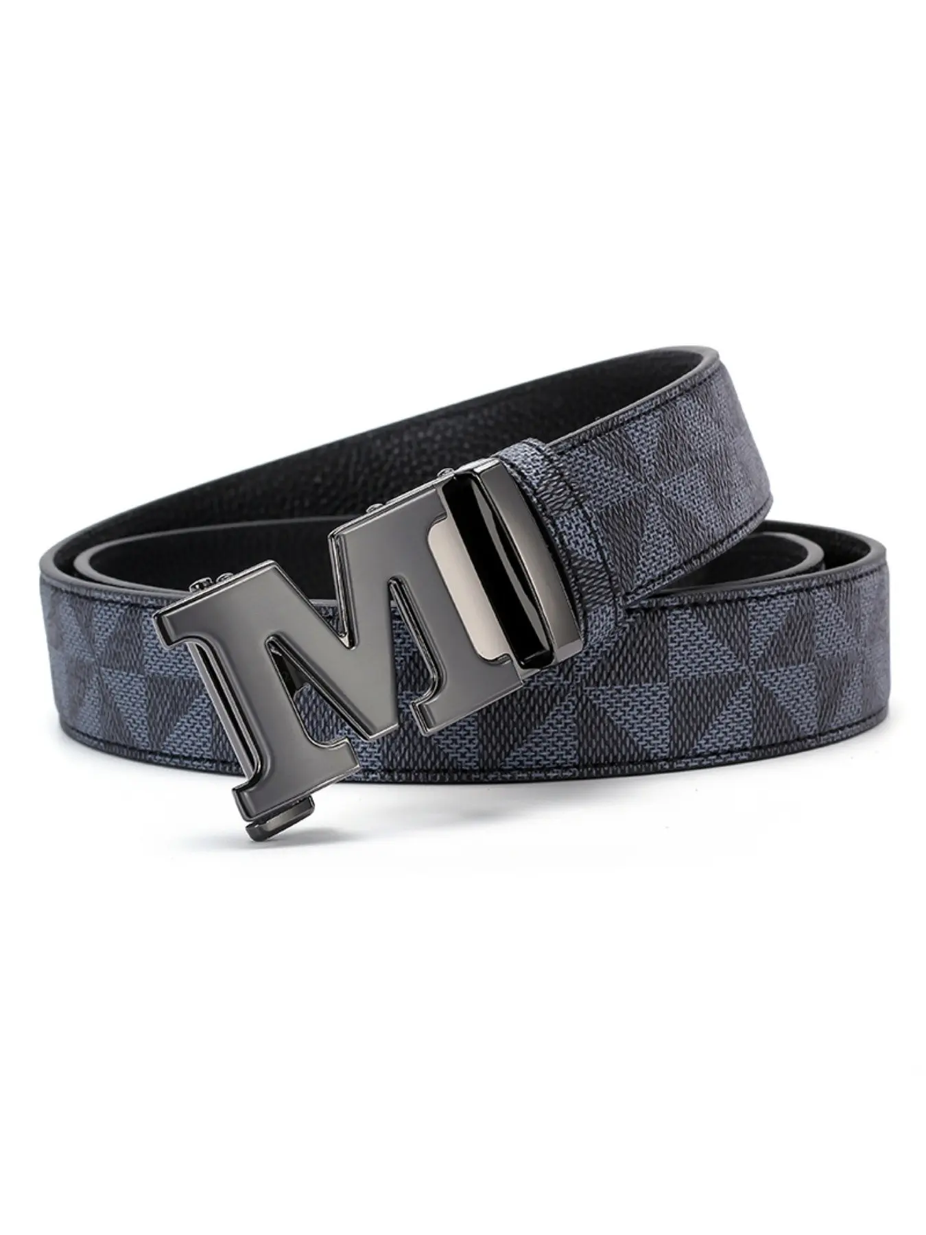 M Letter Buckle Men's Belt, Geometric Print, Design Belt, Automatic Buckle, PVC Leather, Business & Casual Style, All Seasons
