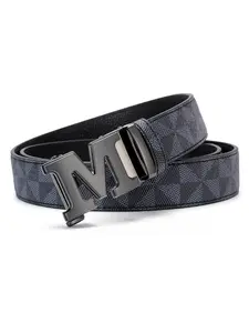 M Letter Buckle Men's Belt, Geometric Print, Design Belt, Automatic Buckle, PVC Leather, Business & Casual Style, All Seasons