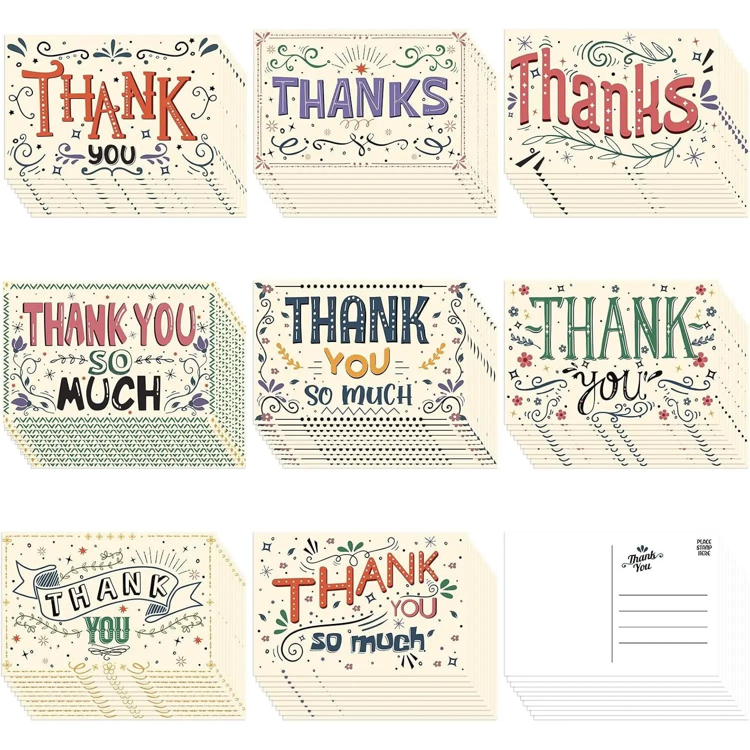 80 Pack 4x6 Thank You Postcards with Assorted Designs for Kids & Adults, Blank Writable Note Cards for Teachers, Volunteers, Employees, Team Appreciation & Mailing GreetingsGift