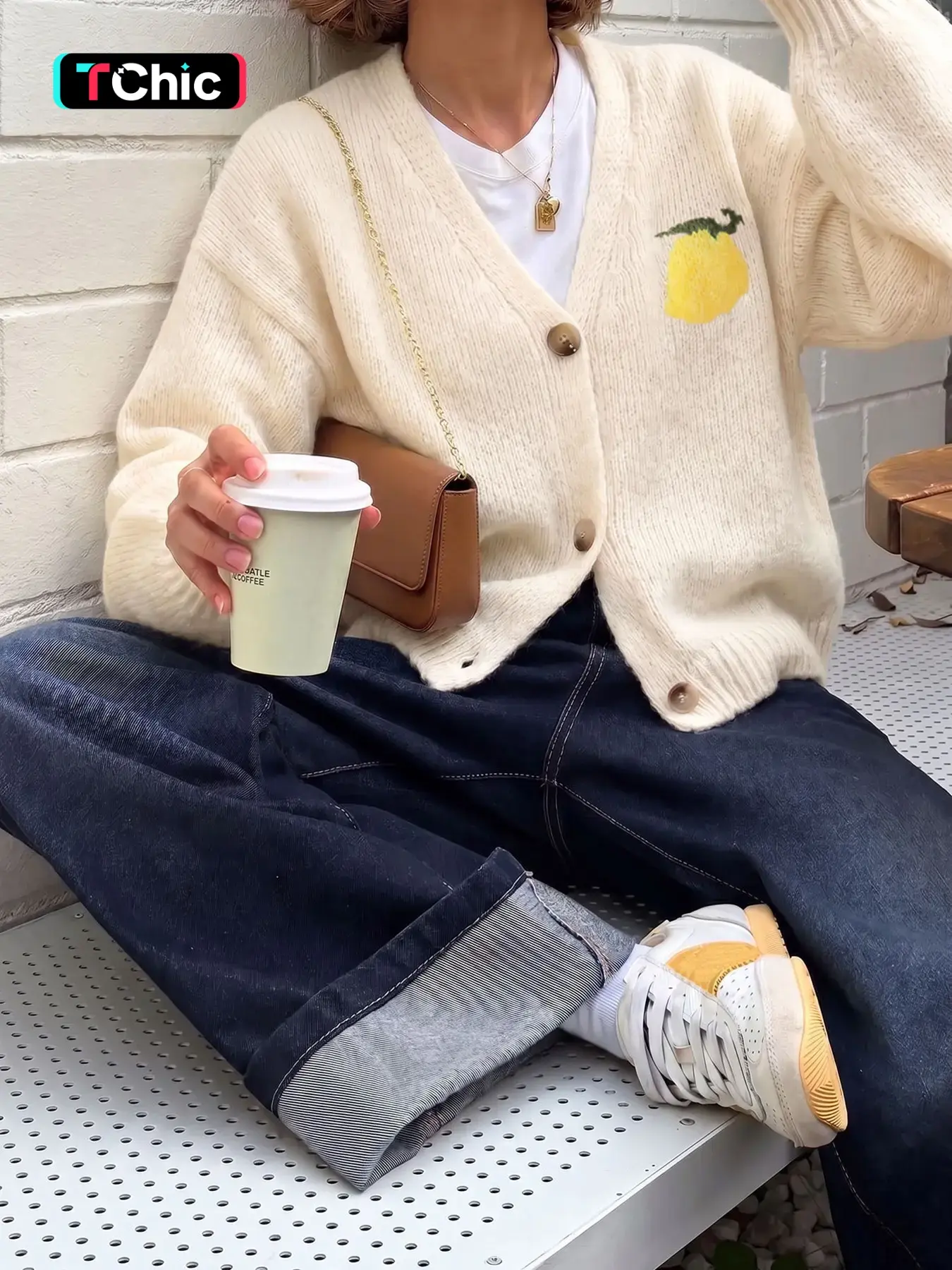 Women's V-Neck Lemon Letter Jacquard Button Lantern Sleeve Fall/Winter Loose Casual Versatile Fashion Chic Knit Cardigan – Street Diverse Effortless Wear