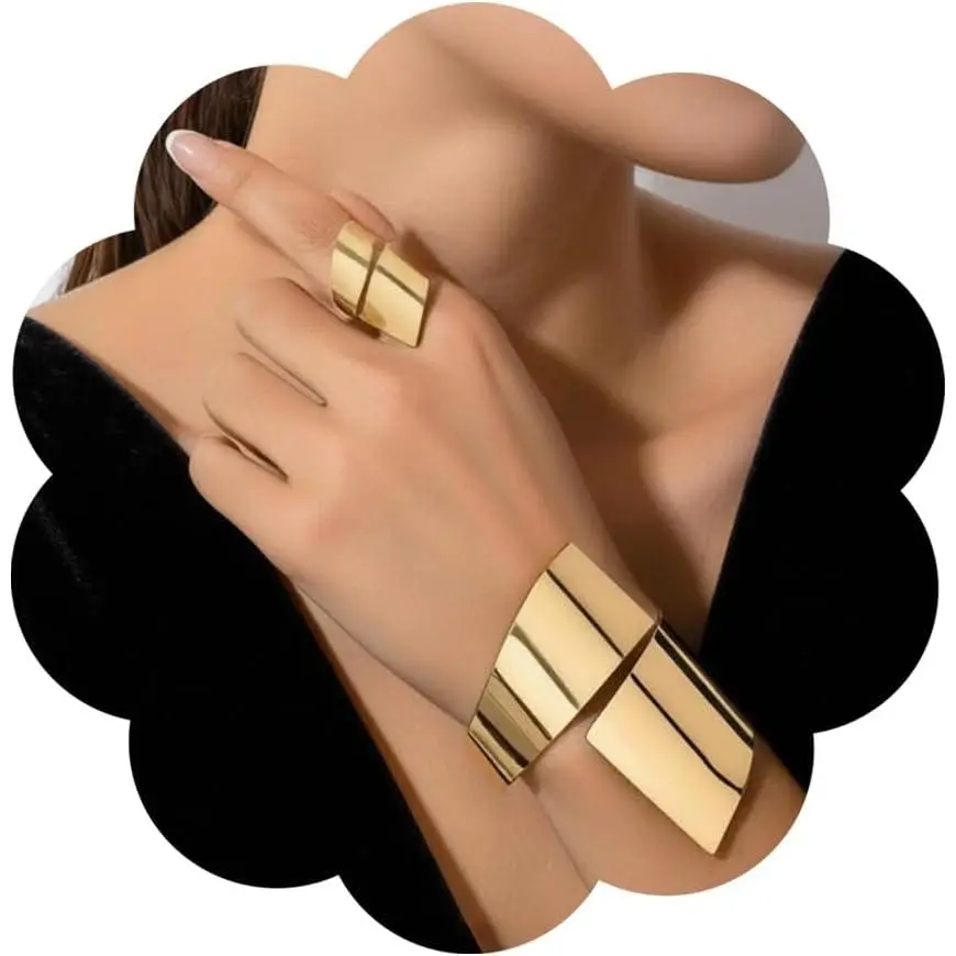 Chunky  Cuff Bracelet Set for Women Open Adjustable Geometric Spiral Cuff Bangle Statement Ring Trendy  Set