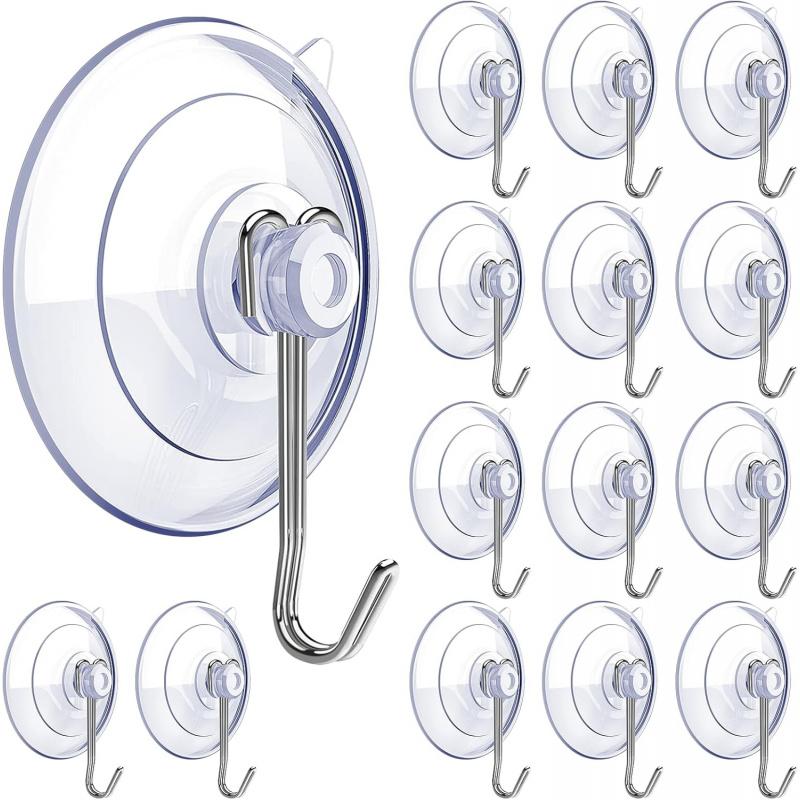 Suction Cup Hooks,15 PCS Clear Suction Cup for Glass Window Decor Shower Bathroom Glass Window Shower Kitchen, Reusable PVC Cups with Removable Stainless Hooks, Assorted