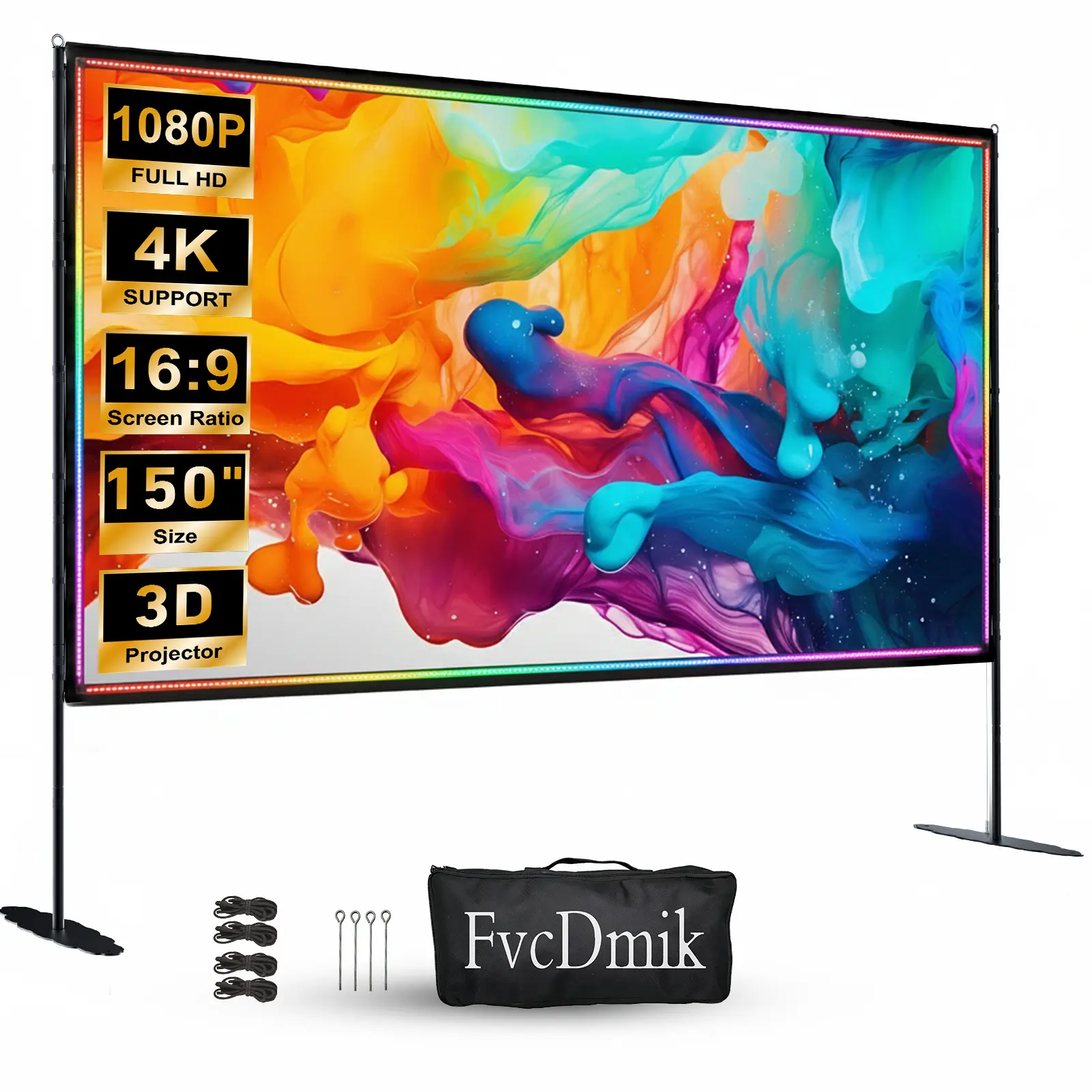 150 inch Projector Screen with Stand, USB String Lights Connection 16:9 4K HD Portable Movie Screen Indoor Outdoor,Wrinkle-Free Foldable Projection Screen for Home Theater Backyard, Office, Travel homemakeover tiktokshopbacktoschool