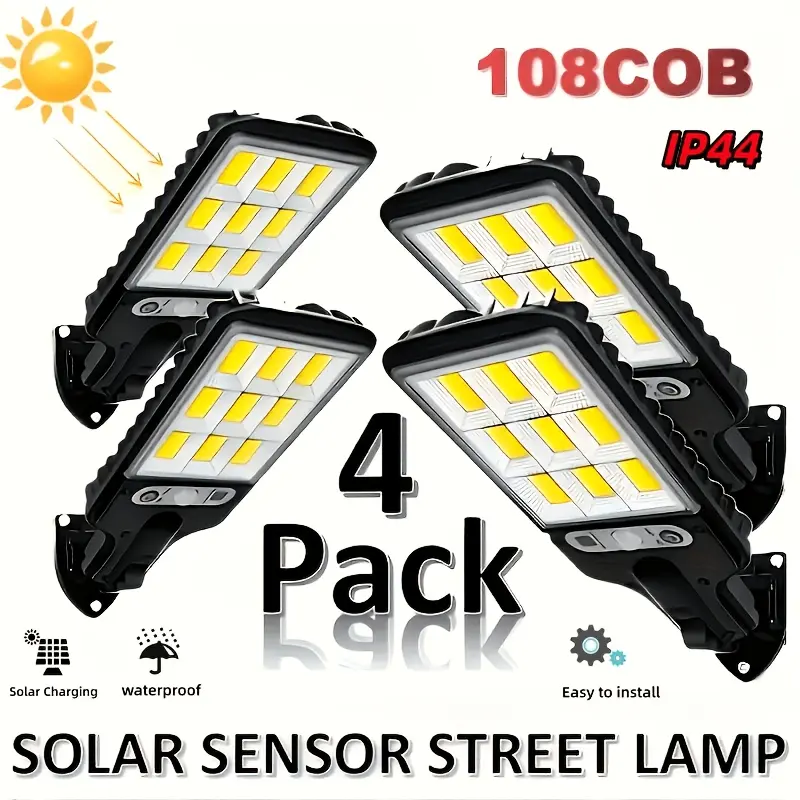 4-piece set of solar street lights, outdoor solar lights with 3 modes, waterproof IP44, motion sensor, security lighting, suitable for gardens, courtyards, and pathways