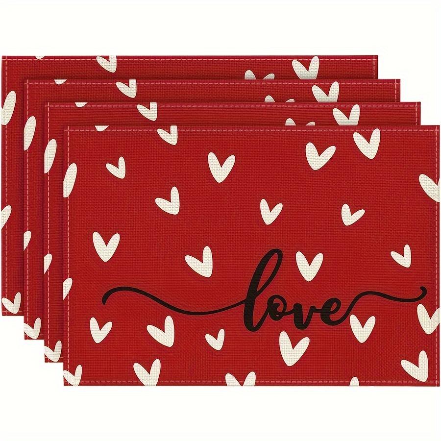 For Valentine's Day, Holiday Parties & Home Use, Table Protection & Decoration Solution, Red Heart Linen Placemats, Heat-resistant Non-slip Easy Clean, Effortlessly Create Romantic Holiday Dining Atmosphere, 4 Pack