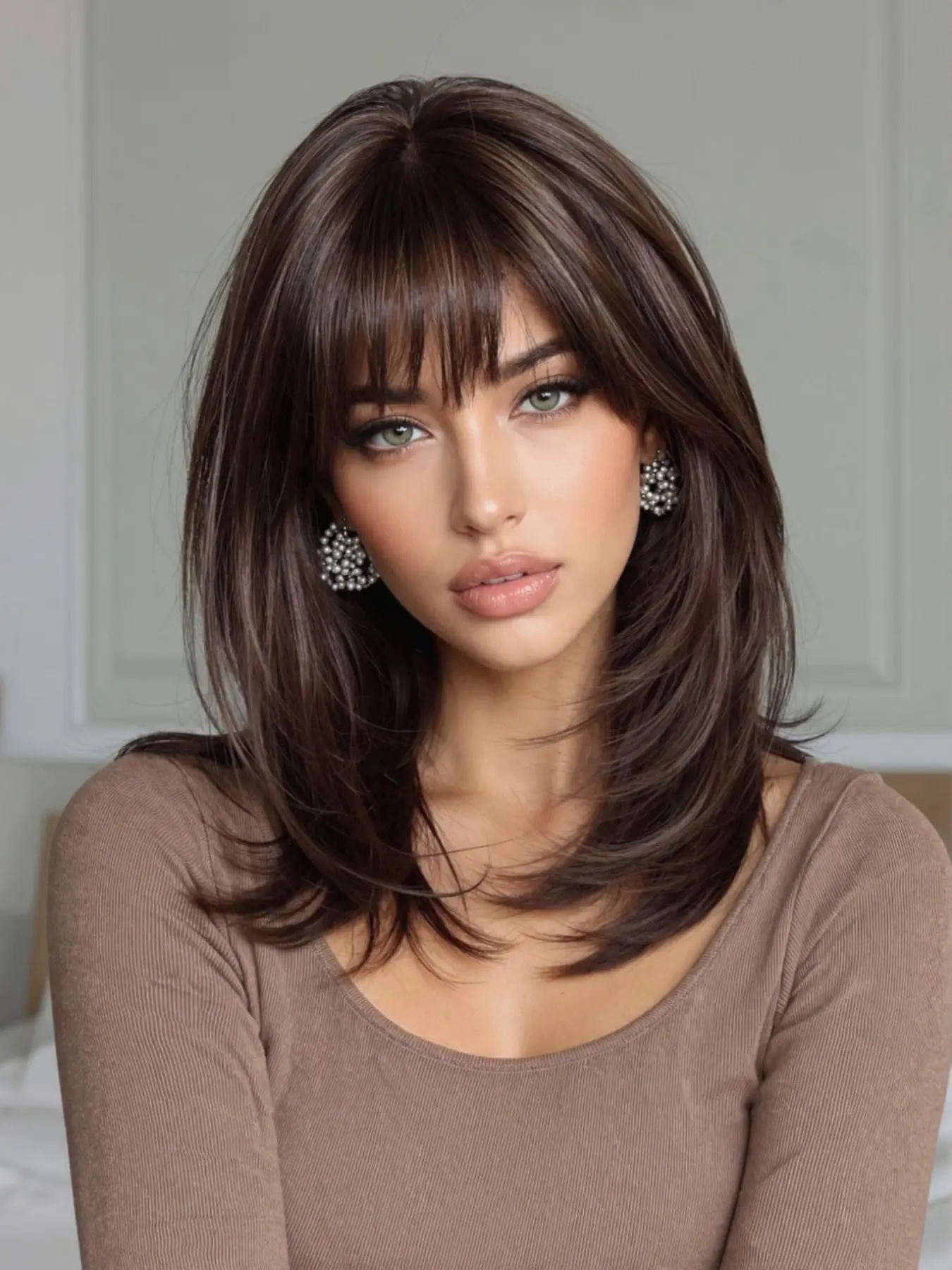 Bangs Medium-Length Bone Straight Wig Set, Natural Looking Wig, Hairstyle Wigs, Natural Daily Wear Synthetic Hairpiece, Full Head Coverage for Women, Easy Maintenance Design, Synthetic Material Wigs With Bangs