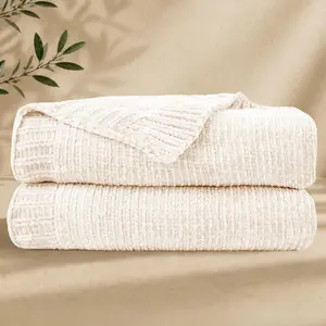 Chenille Throw Blanket for Couch, Cozy Soft Blanket Lightweight Decorative Throw for Living Room Sofa Chair, Stylish Home Decor, Ideal for Gifting, Ivory 50"x60"