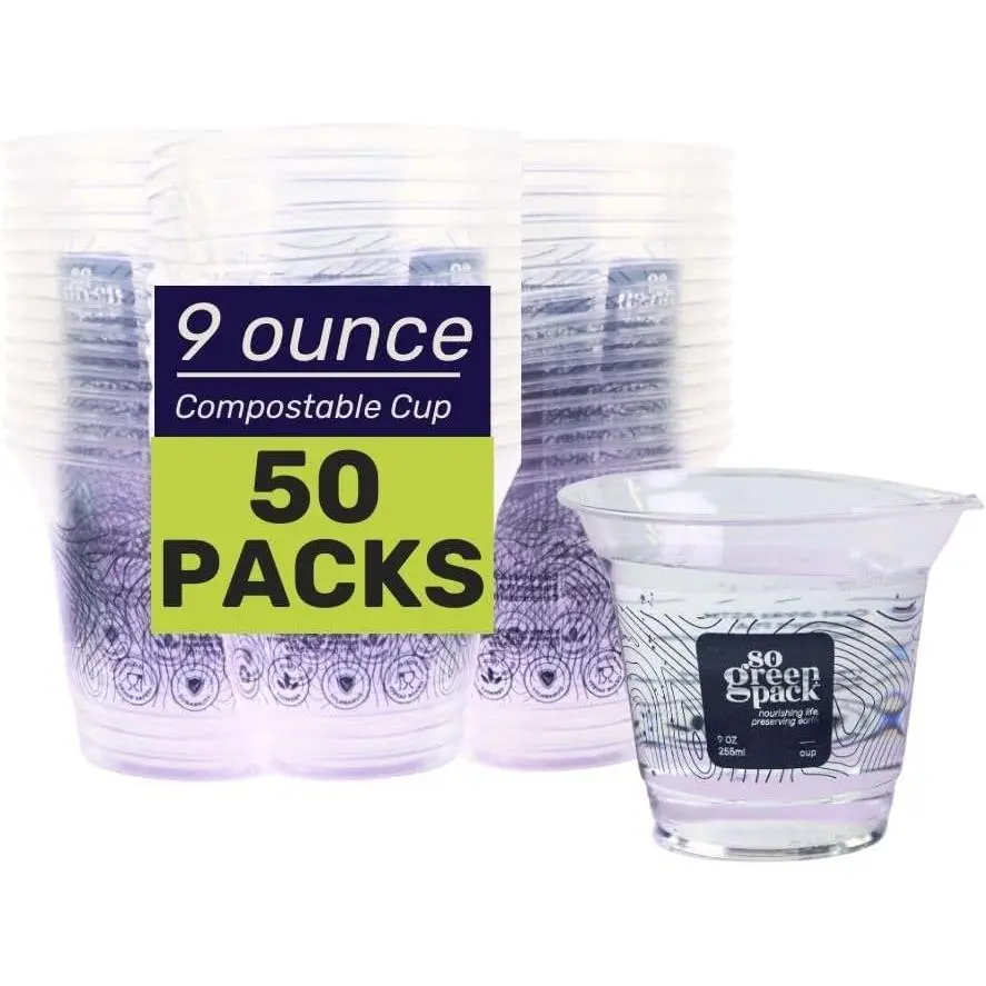 PLA Compostable 9oz Cups (50 Pieces)  Disposable Party Cups for Drinks, Snacks & Desserts