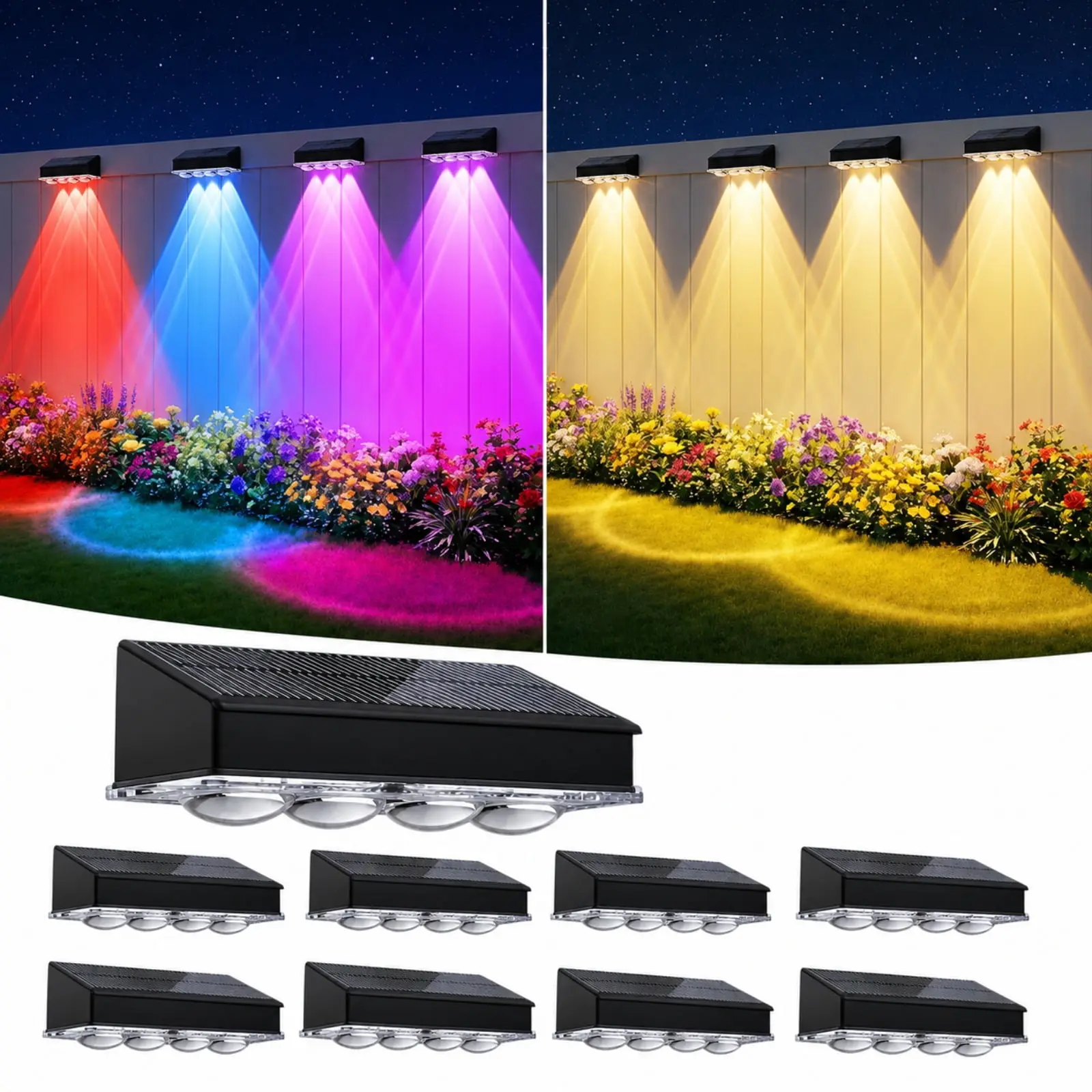 4/8pcs outdoor solar fence lights, multi-color solar wall lights with 10 lighting modes, lens spotlights, IP65 waterproof deck lights for fences, yards, gardens, and courtyards