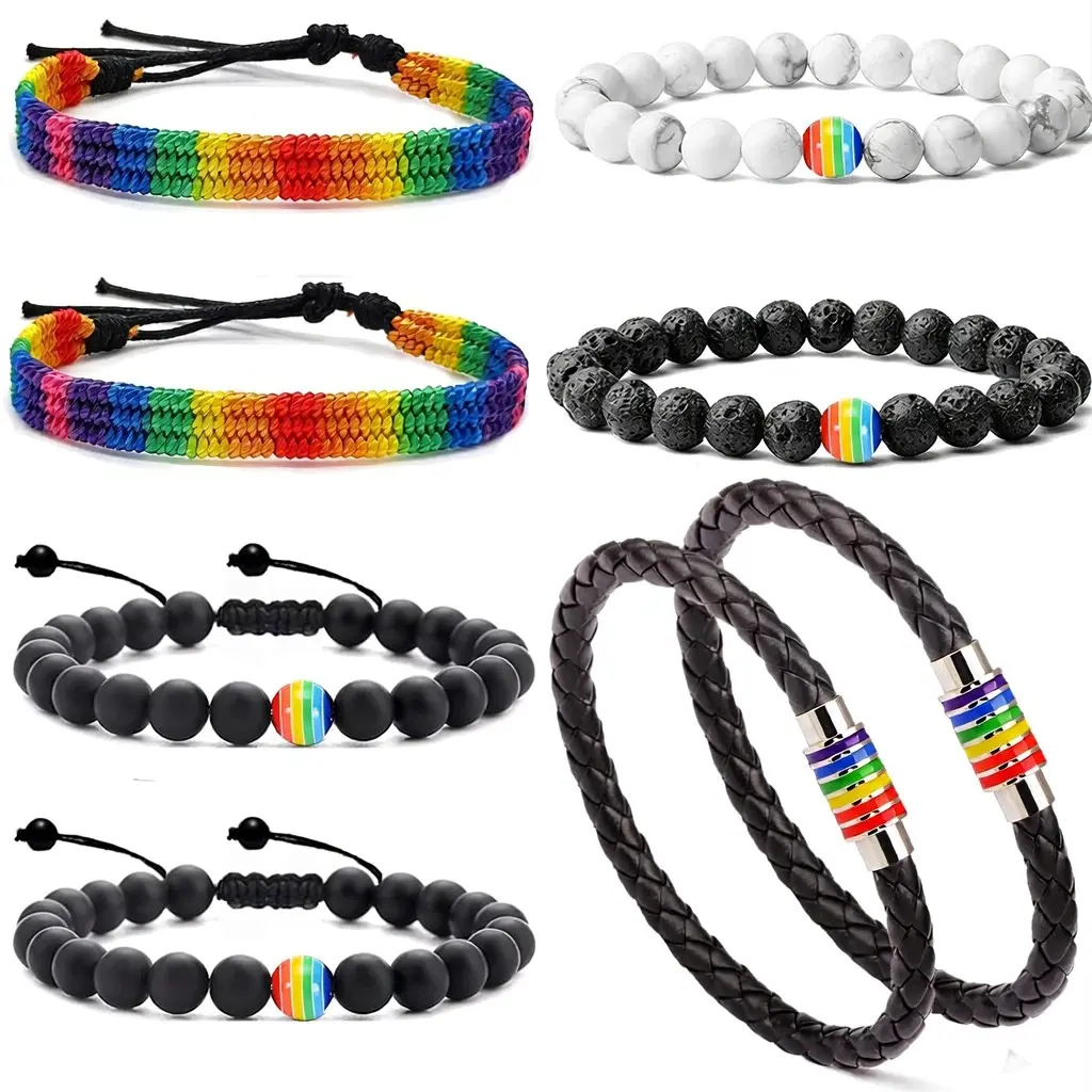 8-Piece Colorful Bracelet Set, Handmade Braided Rope, Leather & Beads, Unisex LGBTQ+ Pride Wristbands, Adjustable Friendship Arm Candy Accessories, 9.1 Inches, Braided Strap Bracelets & Bangles, Bracelet Bundle